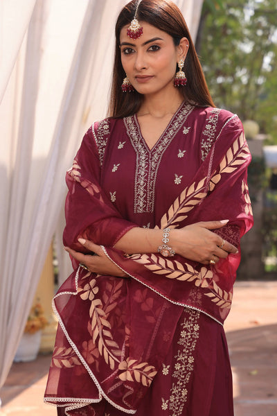 MAROON STRAIGHT EMBROIDERED SUIT WITH TROUSERS AND DUPATTA SET - Vastram Boutique 