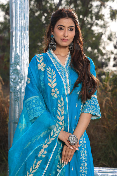 SEA BLUE STRAIGHT EMBROIDERED SUIT WITH TROUSERS AND DUPATTA SET - Vastram Boutique 