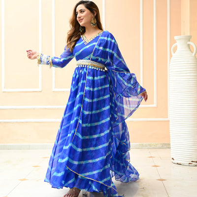 BRIGHT BLUE LEHERIYA DRESS WITH DUPATTA - Vastram Boutique 