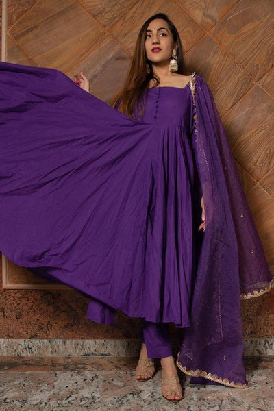 Purple Taffeta Silk Anarkali Set (Set of 3) - Vastram Boutique 